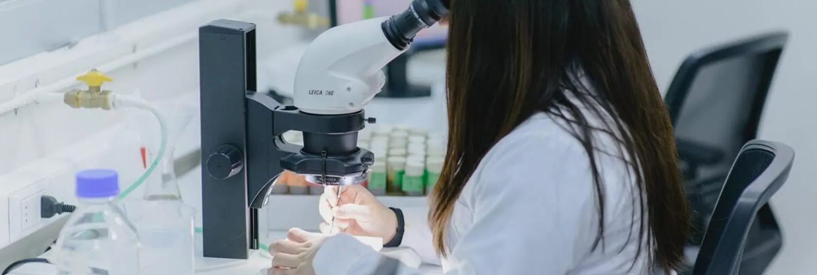 Investigadora examinando una muestra por el microscopio