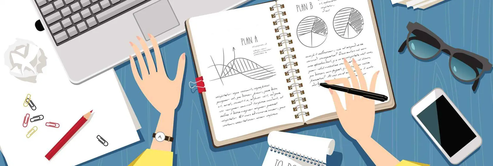 Ilustración de manos escribiendo y con elementos de oficina en su mesa